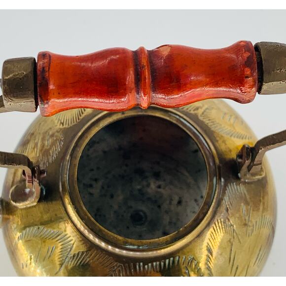 Vintage Brass Tea Kettle Teapot Etched Legs Wood Handle Mini India Missing Lid - Picture 10 of 12